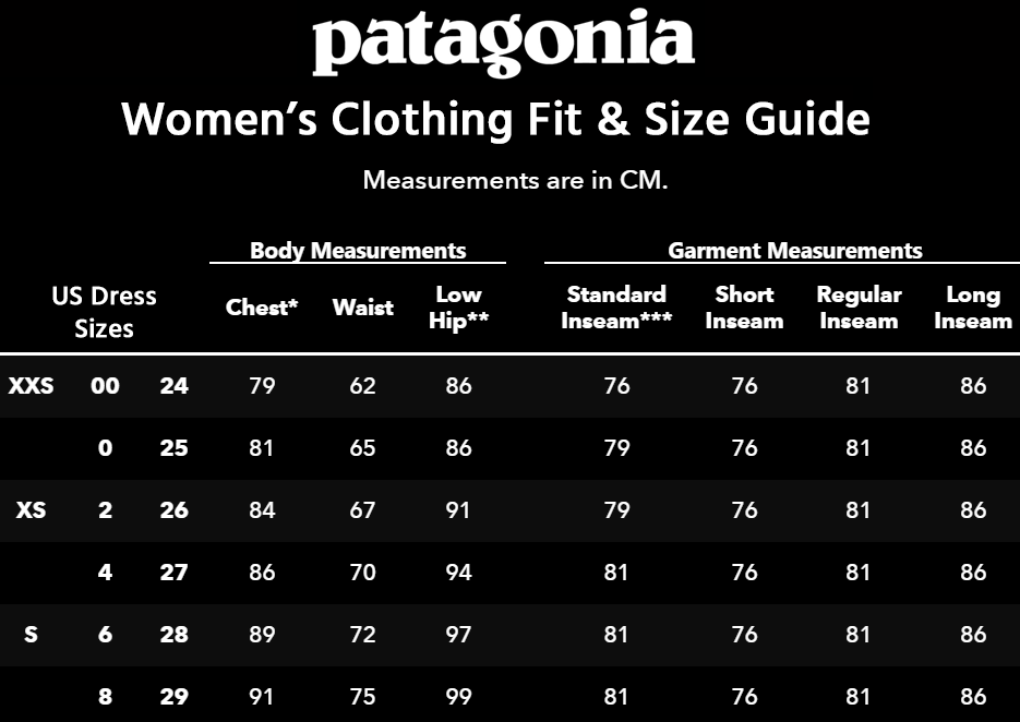 Patagonia womens size guide uk